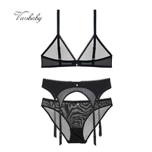 Varsbaby пикантные Пряжа Прозрачный глубокий v-образный вырез Бесшовного нижнего белья, удобный бюстгальтер+ трусики+ чулки комплект из 3 предметов, комплект с бюстгальтером