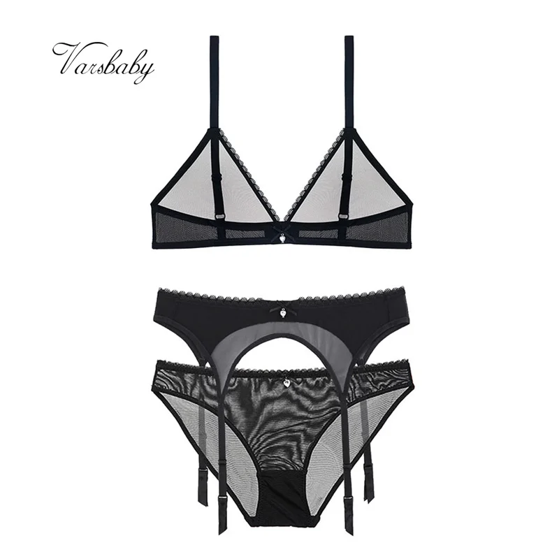 

Varsbaby sexy yarn transparent deep V wire free lingerie seamless comfortable bra+panty+garter 3 pcs bra set