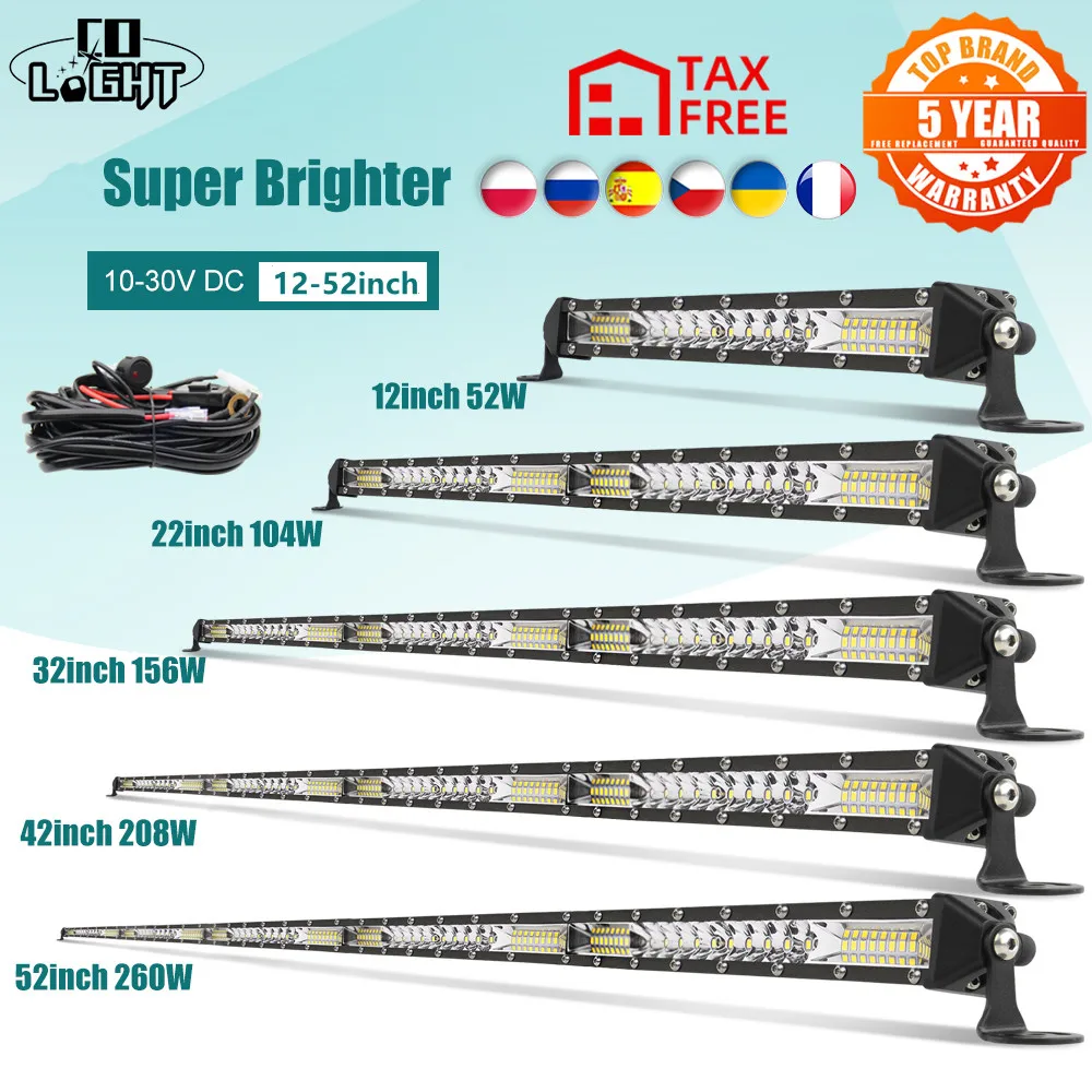 CO LIGHT Super Slim 12" 22" 32" 42" 52" Offroad Led Light Bar Spot Flood Combo Beam 4x4 Led Work Light 12V 24V for Boat ATV SUV