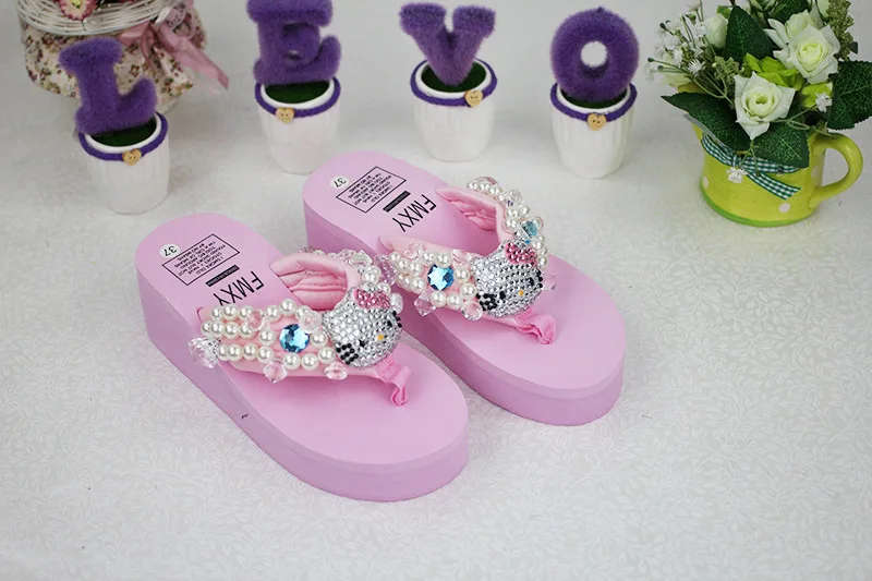 Leisure Shoes Online Lady Sewing Pearl Womens Beach Slippers Fashion High Heel Platform Wedge Flip Flops53
