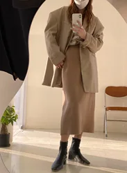 D fonte de fábrica socialite elegante cintura elástica cor sólida malha midi saia bn10281
