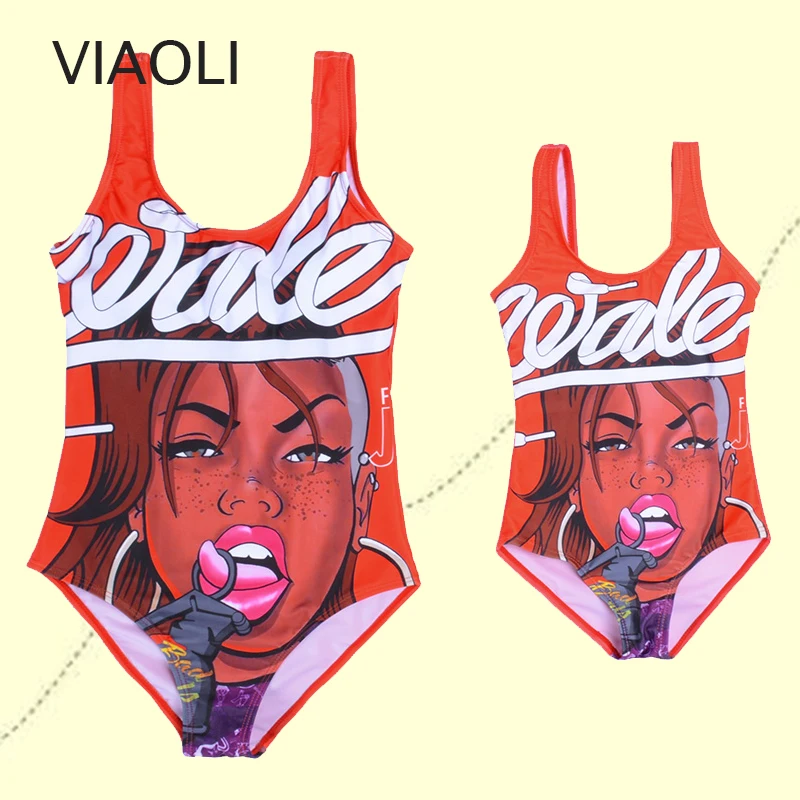 

New Cartoon Girl Print One Piece Swimsuit Baby Swimwear Halter Backless Bikini Mother Daughter Women Baby Girl Swimming Suit