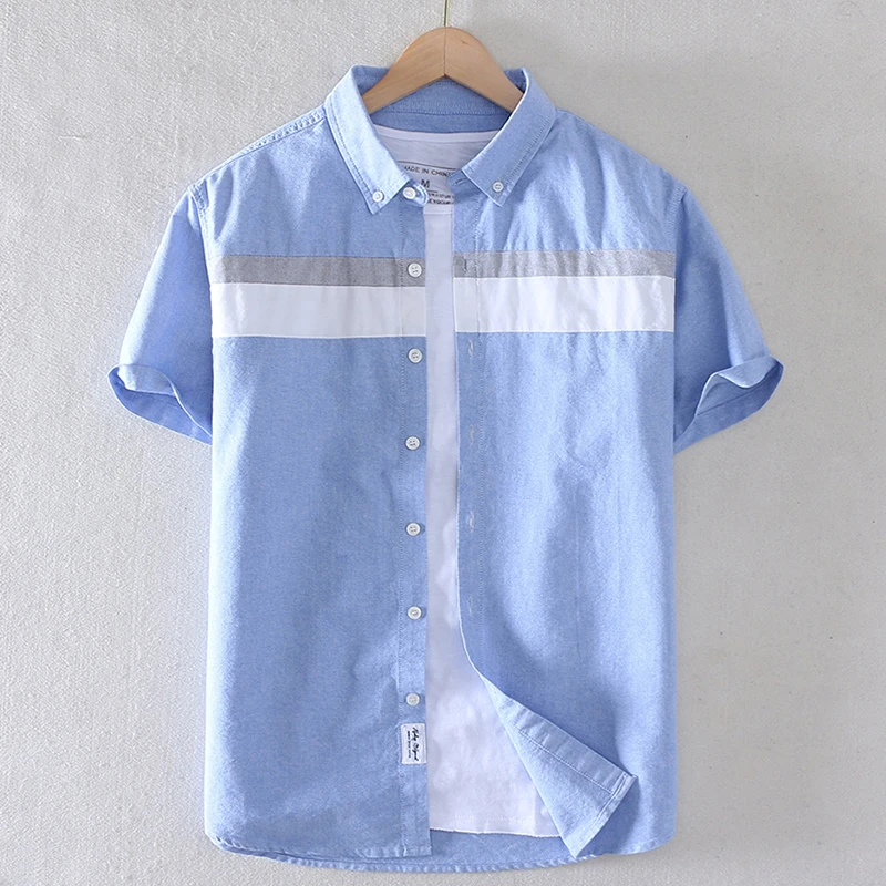 Cotton shirt men summer oxford short-sleeved smart casual slim patchwork turn-down collar