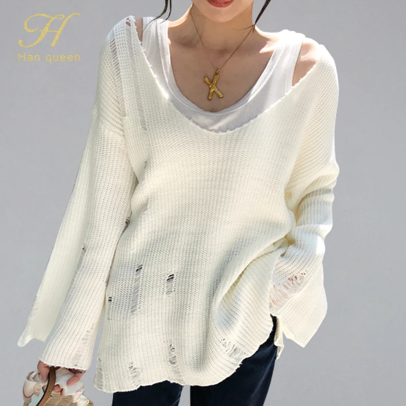 

H han queen Autumn 2019 Knitted Pullovers Sexy V-neck Hole Hollow Out Sweaters Long Sleeve Oversized Sweater Tops Clothes Women
