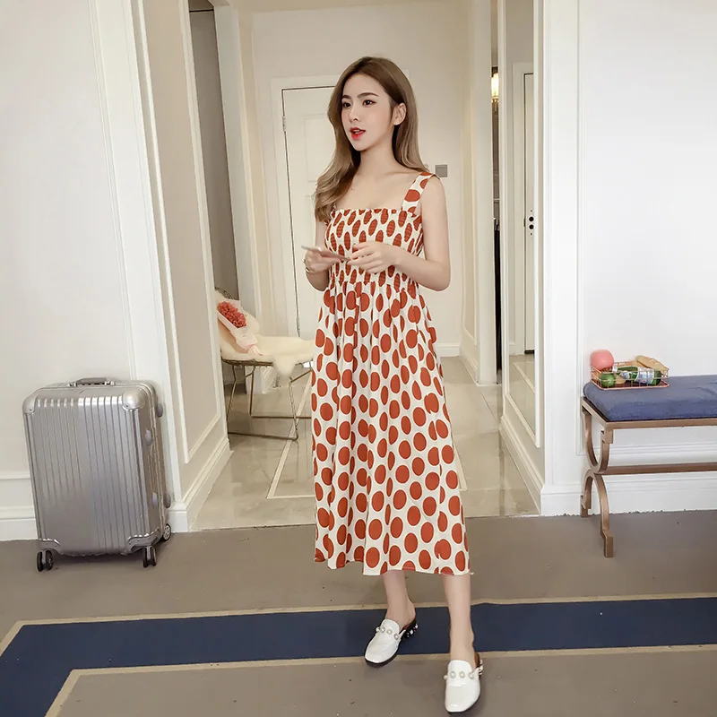 

2018 New Style Retro Polka Dot Dress Camisole Medium-length Dress Waist Hugging Beach Skirt WOMEN'S Dress Supply of Goods