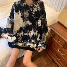 

QWEEK Harajuku Tie Dye Print Hoodies Women Korean Fashin Gothic Goth Hooded Sweatshirt Streetwear Tops 2021 Spring Autumn Thin