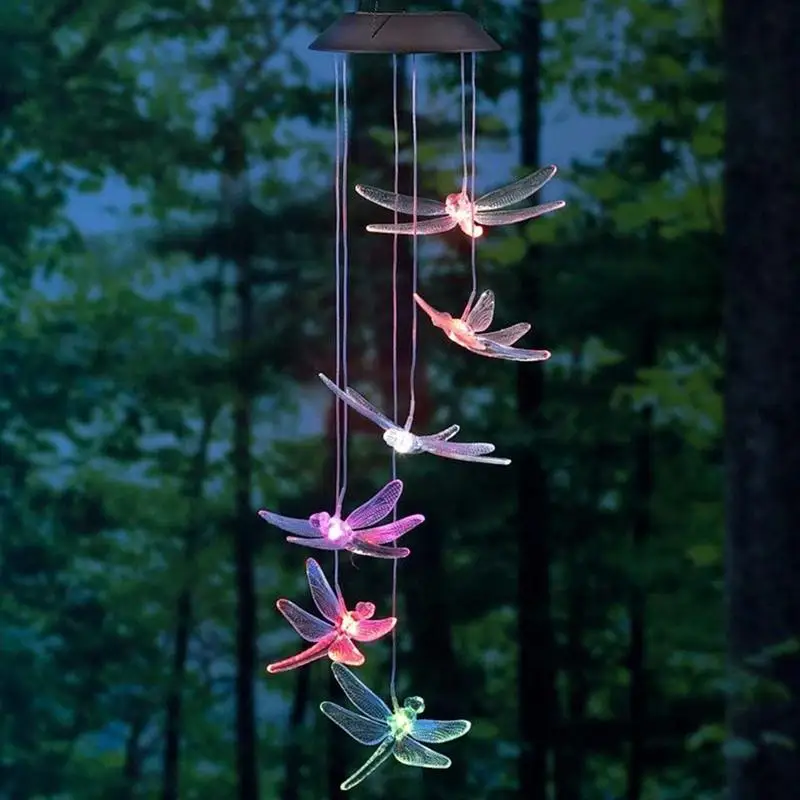 Solar Powered Wind Chimes Light LED Color Changing Hanging Dragonfly Garden Lamp 