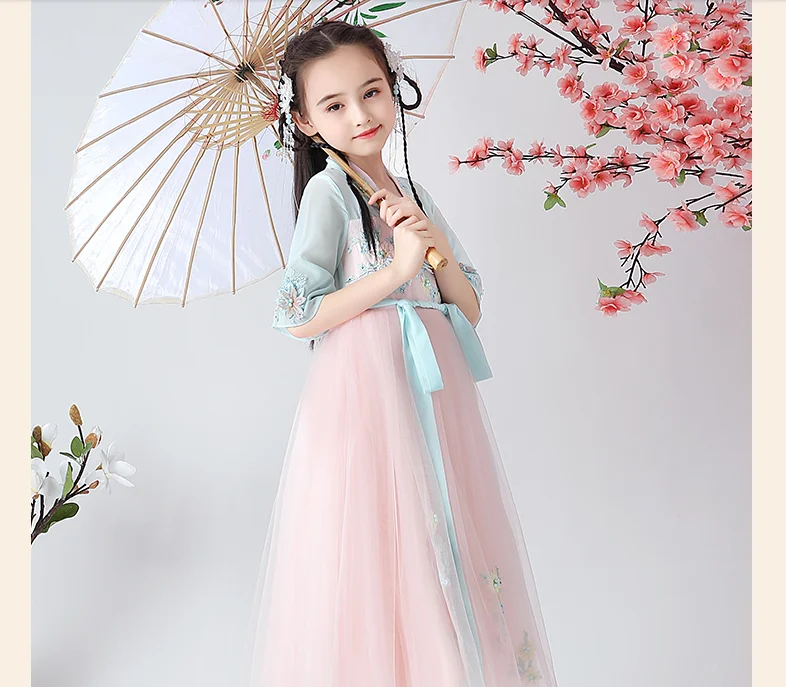 Летние платья Hanfu в китайском стиле; шифоновый костюм династии Тан с вышивкой; Одежда для танцев для девочек; Рождественский подарок; ZL02