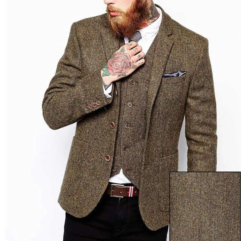 5-1 Brown Tweed Men Suits Slim Fit Blazer Waistcoat Notched Lapel Three Piece Jacket Vest Black Pants Tailor Made Wedding Tuxedos