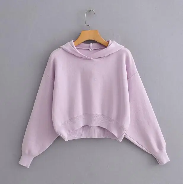XQJ9530 Purple Женский свитшот с длинным рукавом, короткий стиль с капюшоном, пуловеры с широким плечом, рукав летучая мышь, полиэфирный смешанный, 4 цвета, Прямая поставка - Цвет: XQJ9530 Purple