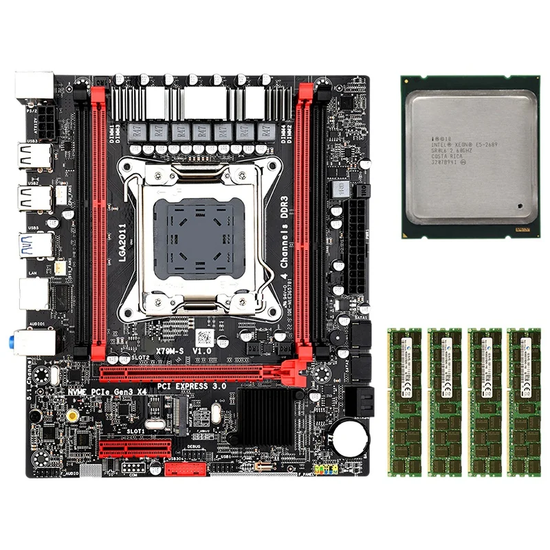 X79MS LGA2011 набор материнских плат комбо с Intel E5 2689 4-Ch 4x8 Гб оперативной памяти, 32G 1600 МГц DDR3 кода коррекции ошибок Поддержка M.2 NVMe SATA3 USB3.0