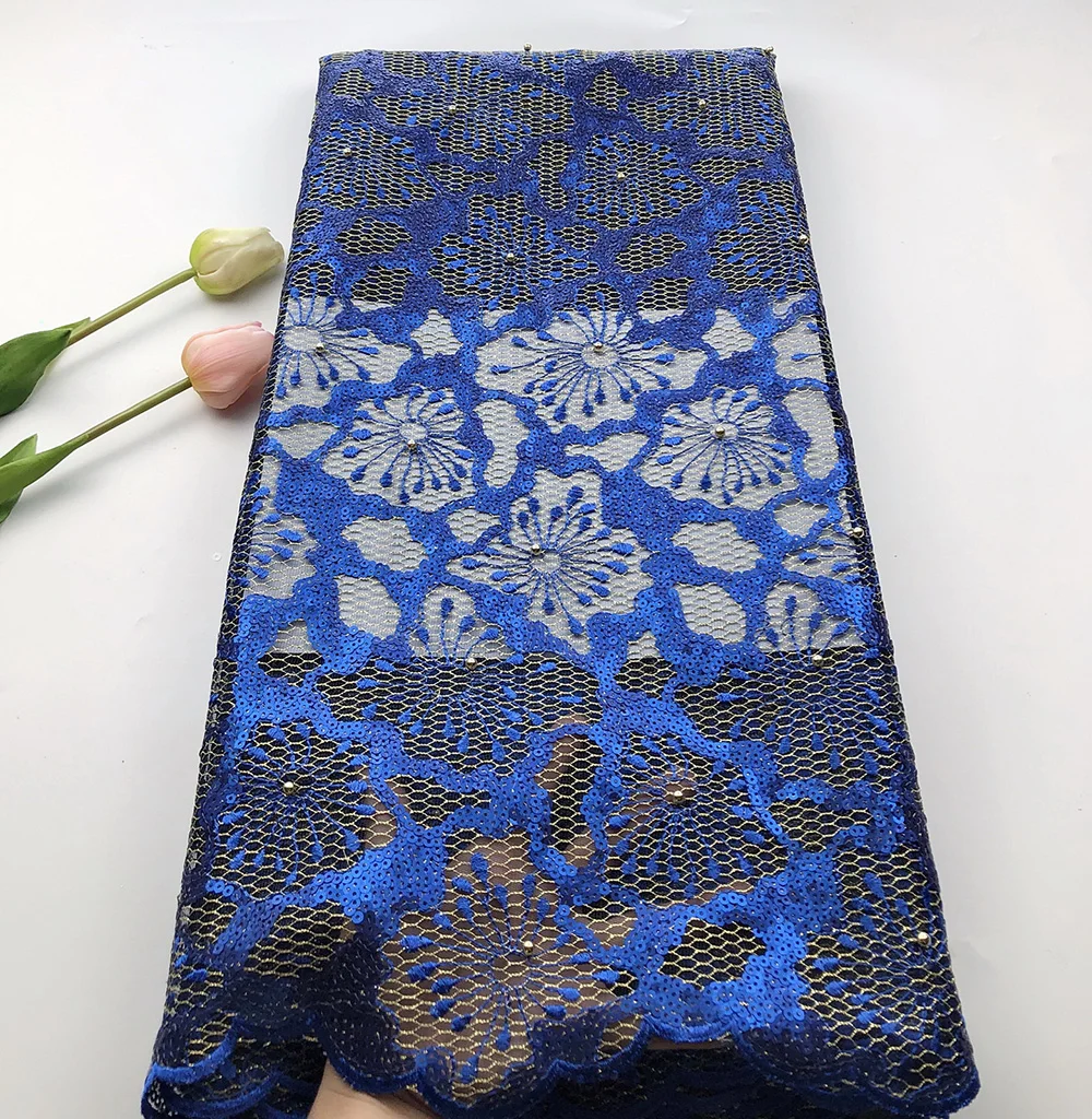 

Latest Royal blue African Embroidery Tulle Lace Fabric 2019 High Quality French net Lace Fabric With Sequins 5 Yards