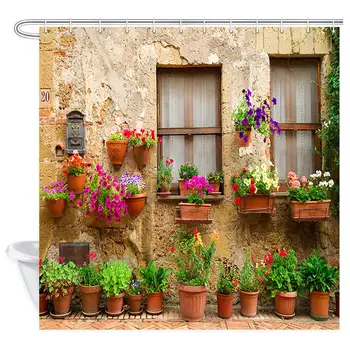 

Tuscan Shower Curtain, Street Decorated with Flowers in Italy Bathroom Curtain, Polyester Fabric Bath Curtains with Hooks Inches