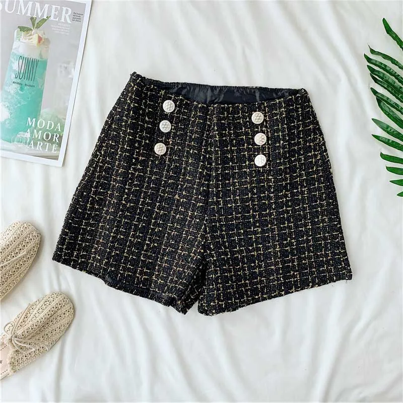Spring Autumn Double-breasted High Waist Wide Leg Shorts For Women Plaid Bright Silk Slim Short Pants Ladies A-line Femme Shorts