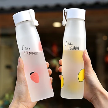 

Strawberry Frosted Water Bottle Glass Transparent Simple Portable Water Bottle Cute Girl Botellas Para Agua Eco Friendly AD50WB