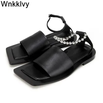 

Flat causal shoes for women summer spaure toe crystal metal chain ankle strap sandals vacation beach sandalias de las mujeres