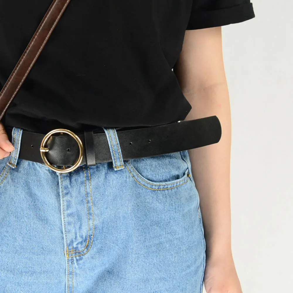 Black-3.6cm Женские повседневные стильные джинсы пояс декор женские Золотые круглые пряжки ремень HGBLT0370 - Цвет: Black-3.6cm
