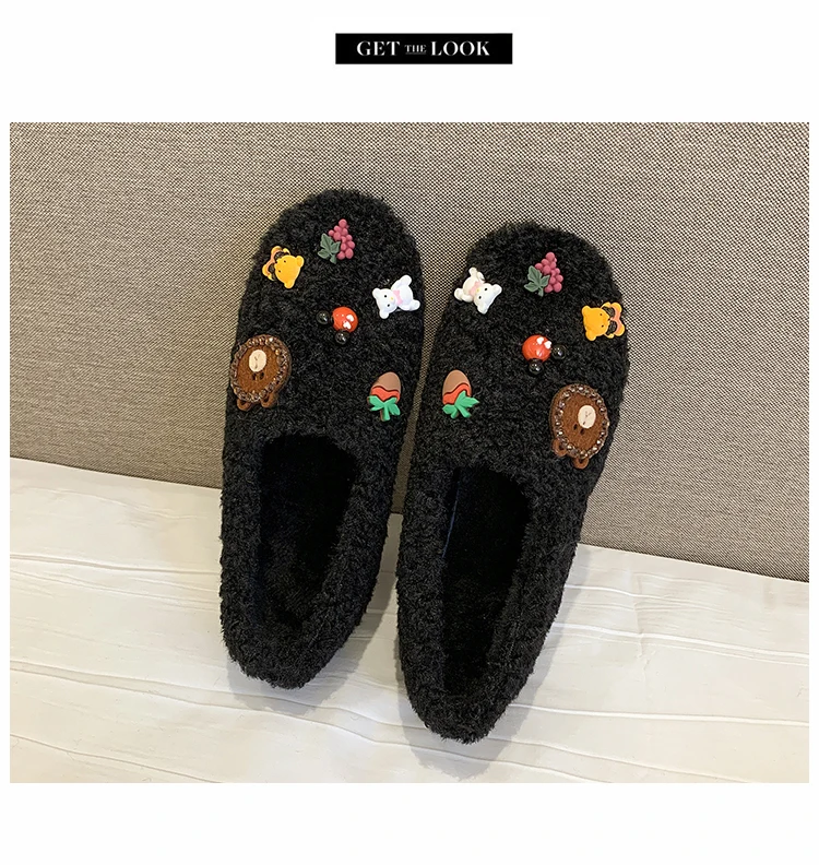 cute bear decoration fur flats women round toe anti-slip lamb wool loafers oxford winter shoes woman warl plush moccasins s532