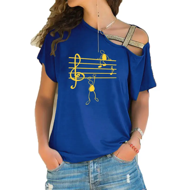 Музыкальная футболка с забавным принтом, женские летние футболки с короткими рукавами с изображением животных, Harajuku, футболка для девочек, асимметричные топы с перекрещивающимися полосками, футболка - Цвет: 10