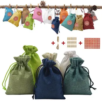 

24 Colors Christmas Calendar Candy Storage Bag Drawstring Pouch Rope Clip Kit