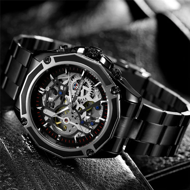 FORSINING Automatic Mechanical Men Wristwatch Military Sport Male Clock Stainless Steel Skeleton Man Watch 8130 Luxury