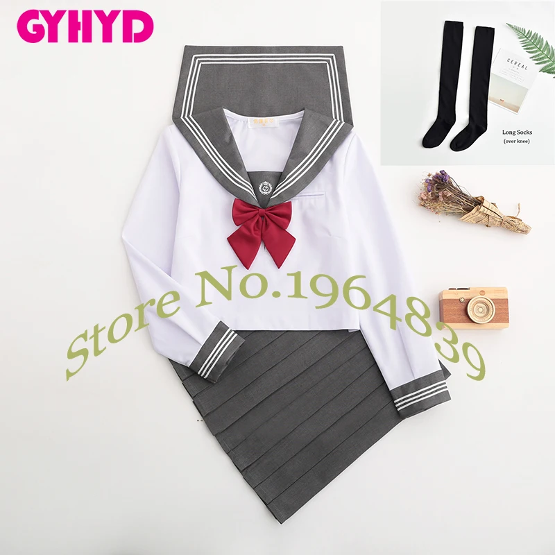 Long Set With Socks Японская школьная форма для японской средней школы матрос Серый кардиган школьная форма Студенческая форма для девочек XXL - Цвет: Long Set With Socks