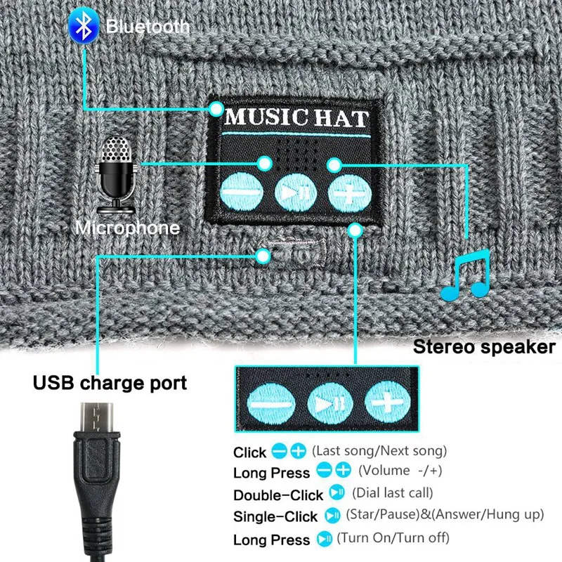 Bluetooth Music Warm Beanie Hat Wireless Smart Cap Headset Headphone Speaker Mic