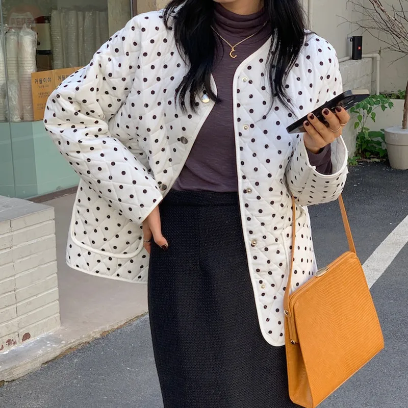 HziriP 2021 New Autumn Winter Coat Women Formal Elegant Office Wear Single Breated Dot Pattern Quilted Female Outwear Jacket Top | Женская