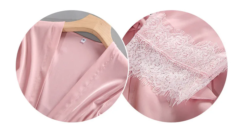 Queenral 2PCS Sexy Women's Robe Gown Sets Night Woman Nightgown Summer Nightdress Lace Satin Sleepwear Pajamas With Chest Pad   4