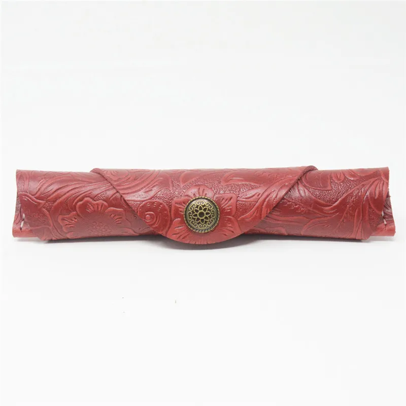 Red Carved Школьный чехол для карандашей из натуральной кожи, маленький чехол для карандашей из натуральной кожи Для авторучки, сумка на кнопке, коробка для картриджей, канцелярские принадлежности - Цвет: Red Carved