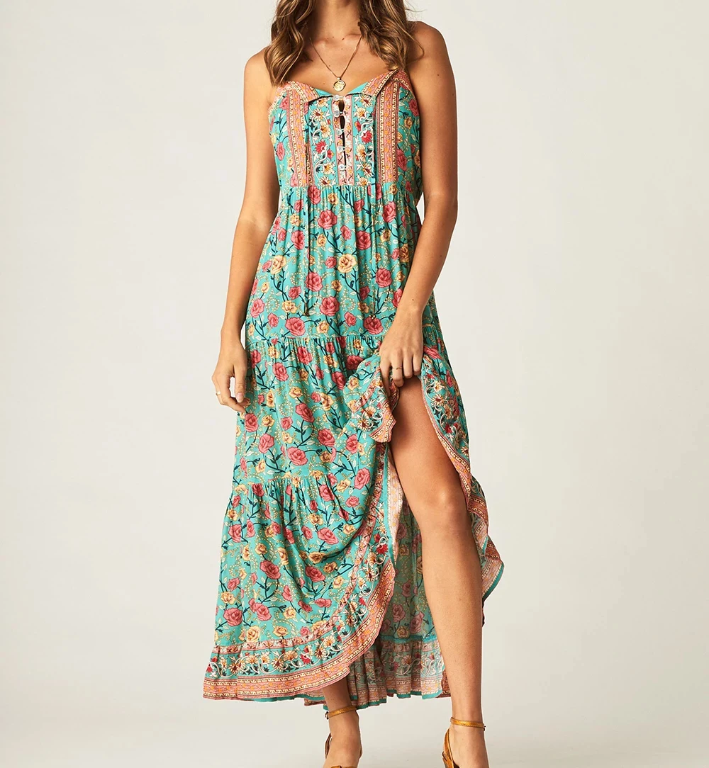 TEELYNN BOHO strapppy платья Gypsy без рукавов летние платья искусственный шелк Цветочный Принт Сарафан Макси платье на бретелях для женщин vestidos
