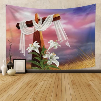 

New Style Jesus Christ Tapestry Religion Wall Hanging Prayer Blanket Cross Lily Wall Carpet Polyester Art Home Decor Tapestry