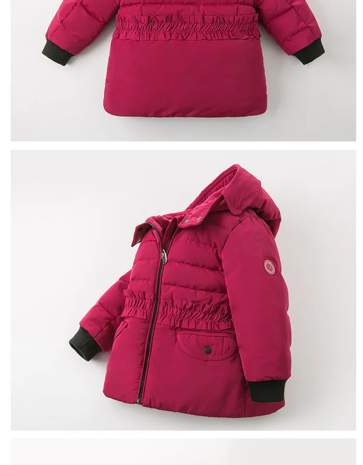 DBK11229 dave bella winter baby girls jacket children zipper pockets ruched solid hooded down coat kids padded outerwear