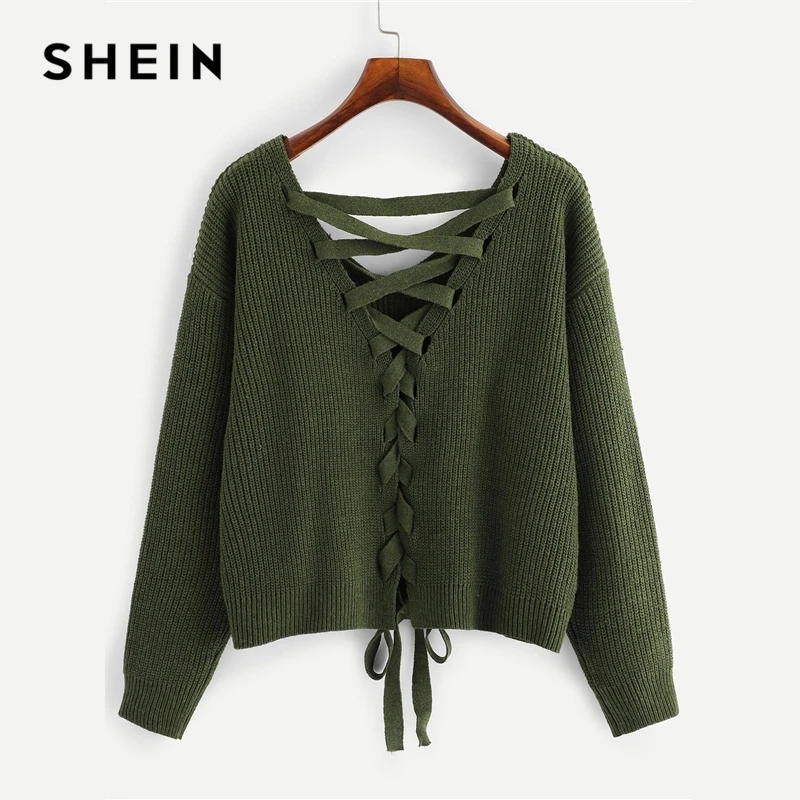 SHEIN, армейский зеленый, со шнуровкой, на спине, на плече, свитер, пуловер для женщин, Осень-зима, длинный рукав, v-образный вырез, повседневные женские однотонные свитера