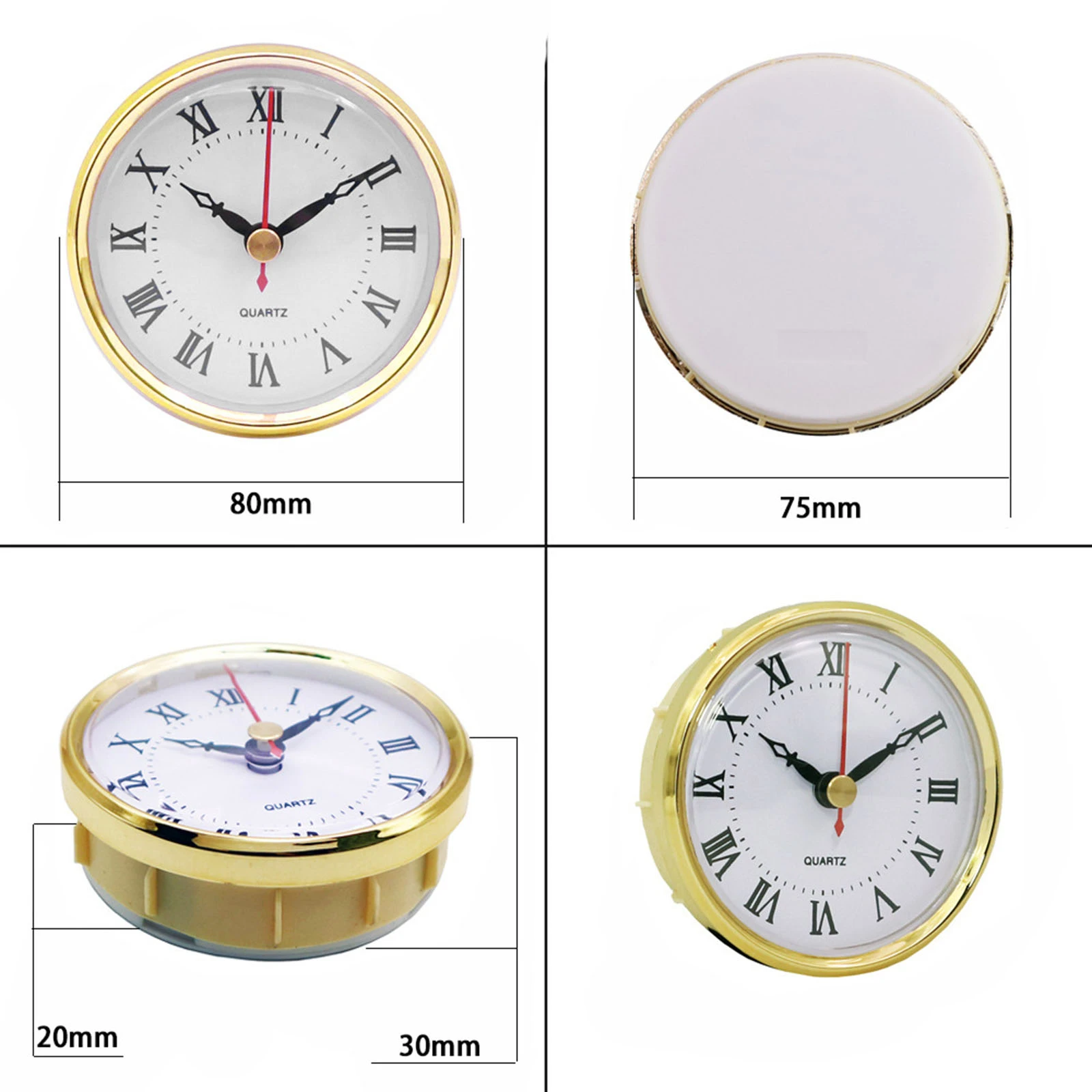 Quartz Clock Insert Round Quartz Clock Fit-up Movement Clock White Dial Gold Trim (3 Inch/80 mm)