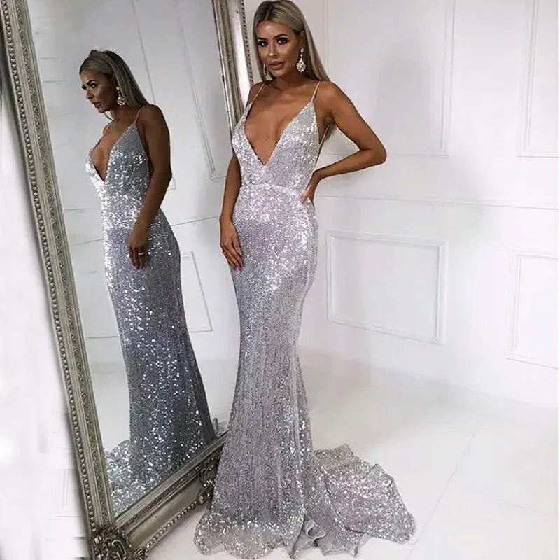 Женское вечернее платье-макси в пол однотонное серебристое стрейчевое платье с