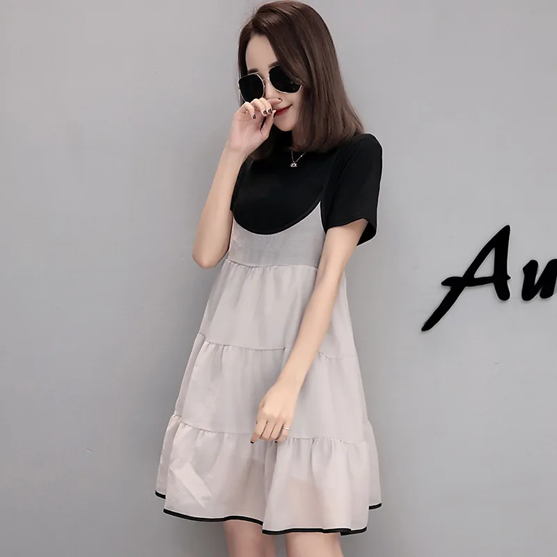 

Maternity Clothes 2018 Summer Wear Mid-length Large Size Short Sleeve Camisole Suit Dress Loose-Fit A- line Skirt Two-Piece Set