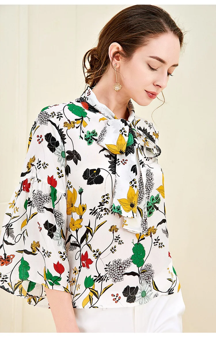 Натуральная шелковая блузка женская осень длинный рукав бант цветочный Элегантный принт настоящий шелк креп-шифон рубашка Офисная Леди рубашка-женская Блузка женская ассиметричные блузки harajuku