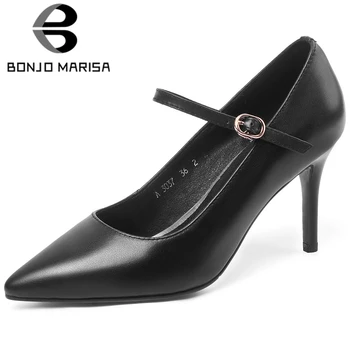 

BONJOMARISA New Spring Ladies OL Genuine Leather Pumps Elegant Shallow Ankle Strap Pumps Women Pointed Toe High Heel Shoes Woman