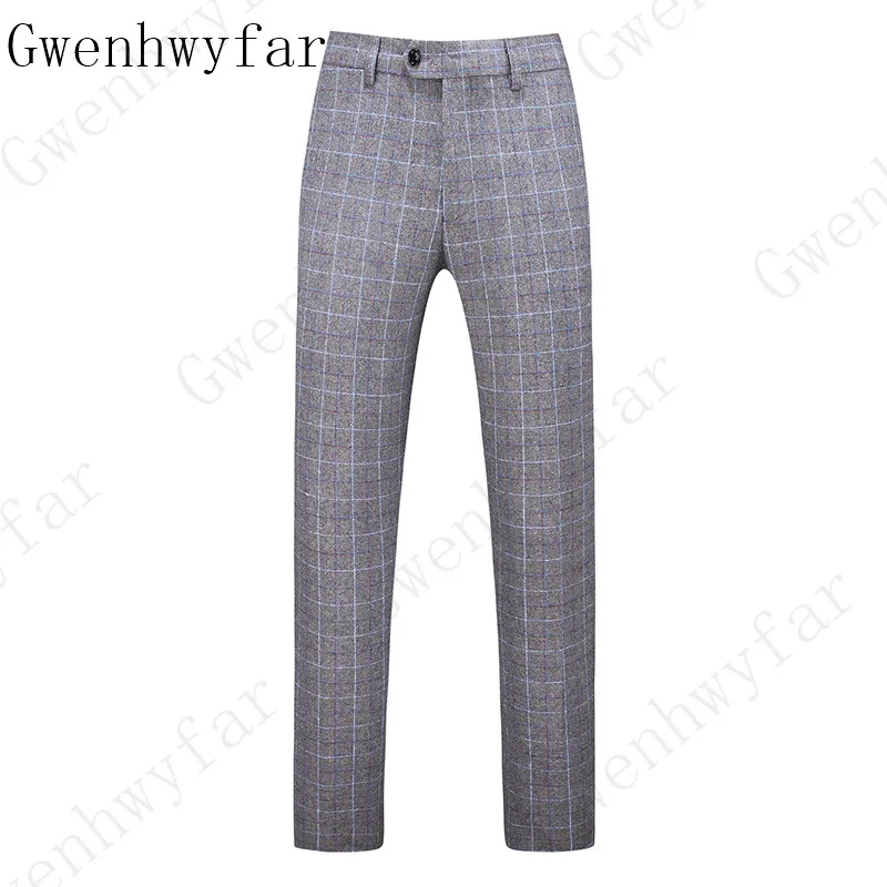 Брендовые официальные мужские брюки, деловые повседневные облегающие длинные брюки, высокое качество, английский Классический Клетчатый офисный костюм, брюки для свадьбы - Цвет: Gray Plaid