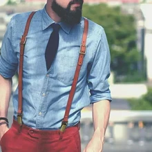 Британский стиль 3 зажимы мужские подтяжки винтажные регулируемые воловья кожа Ковбой натуральная кожа подтяжки бронзовые ремень брюки подтяжки