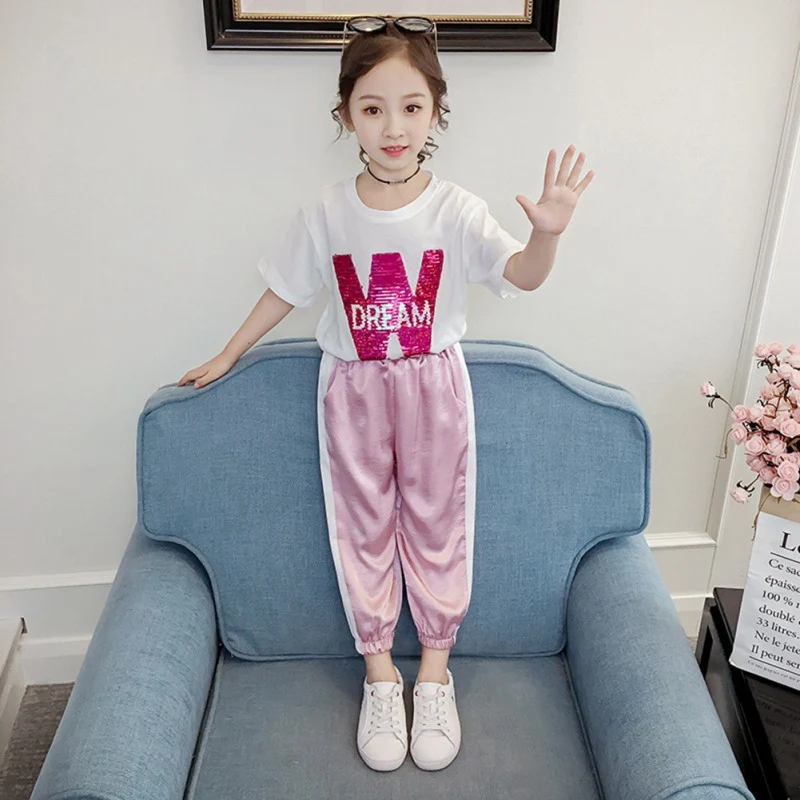 

Summer Children Girls Clothes Casual Sequin Letter Pattern Short Sleeve Tops T-shirt+Pants Suits Costume Set Fashion 11
