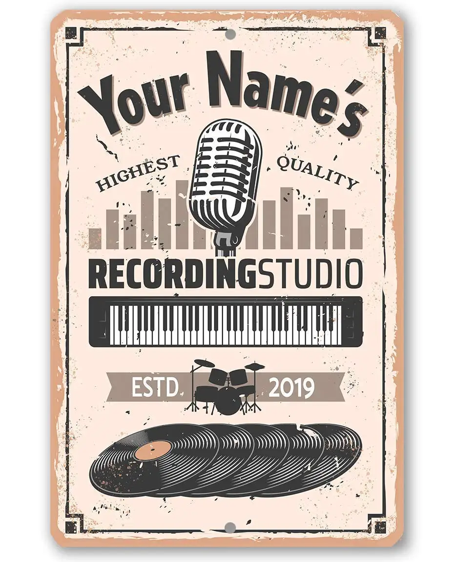 

Personalized Recording Studio - Durable Metal Sign - 8" x 12" Use Indoor/Outdoor - Great Gift and Decor for Artists and Home