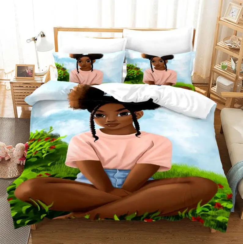 

African Girls 3D Print Bedding Set Children Cute Character Duvet Cover Set with Pillowcase Twin Full Queen King Bedclothes 03