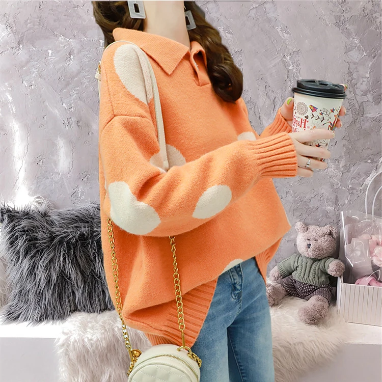 HF19198 Orange H.SA Women Pink Pull Sweaters for Winter Knitwear Polka Dots Polo Neck Knit Jumpers Casual Streetwear Tops pull femme hiver - Цвет: HF19198 Orange