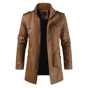 

Men's Autumn And Winter New Solid Color Casual Warm Long Leather Coats Outerwear Faux Leather Stand Collar Zipper Pockets Tops