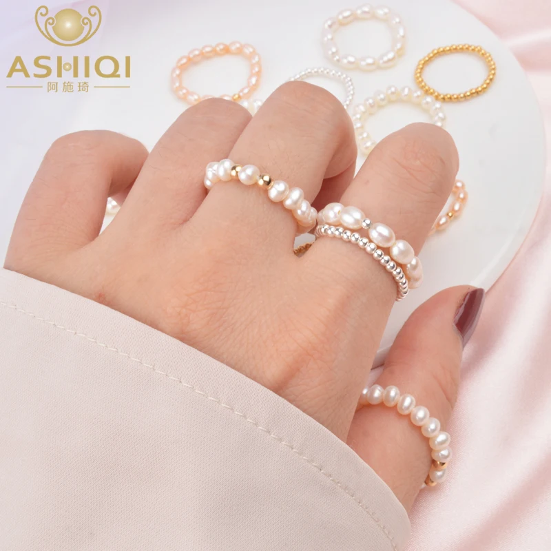 Couple Rings 925-Sterling-Silver jewelry ASHIQI Freshwater Pearl Small Mini Natural Women
