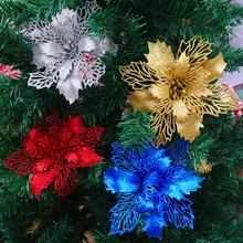 

10Pcs Artificial Christmas Flowers 16cm Glitter Fake Flowers Christmas Tree Decorations for Home New Year 2022 Decor