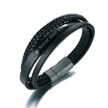 

Black Genuine Leather Bracelet Engraved Name Never Give Up Men Jewelry Birthday Gfit