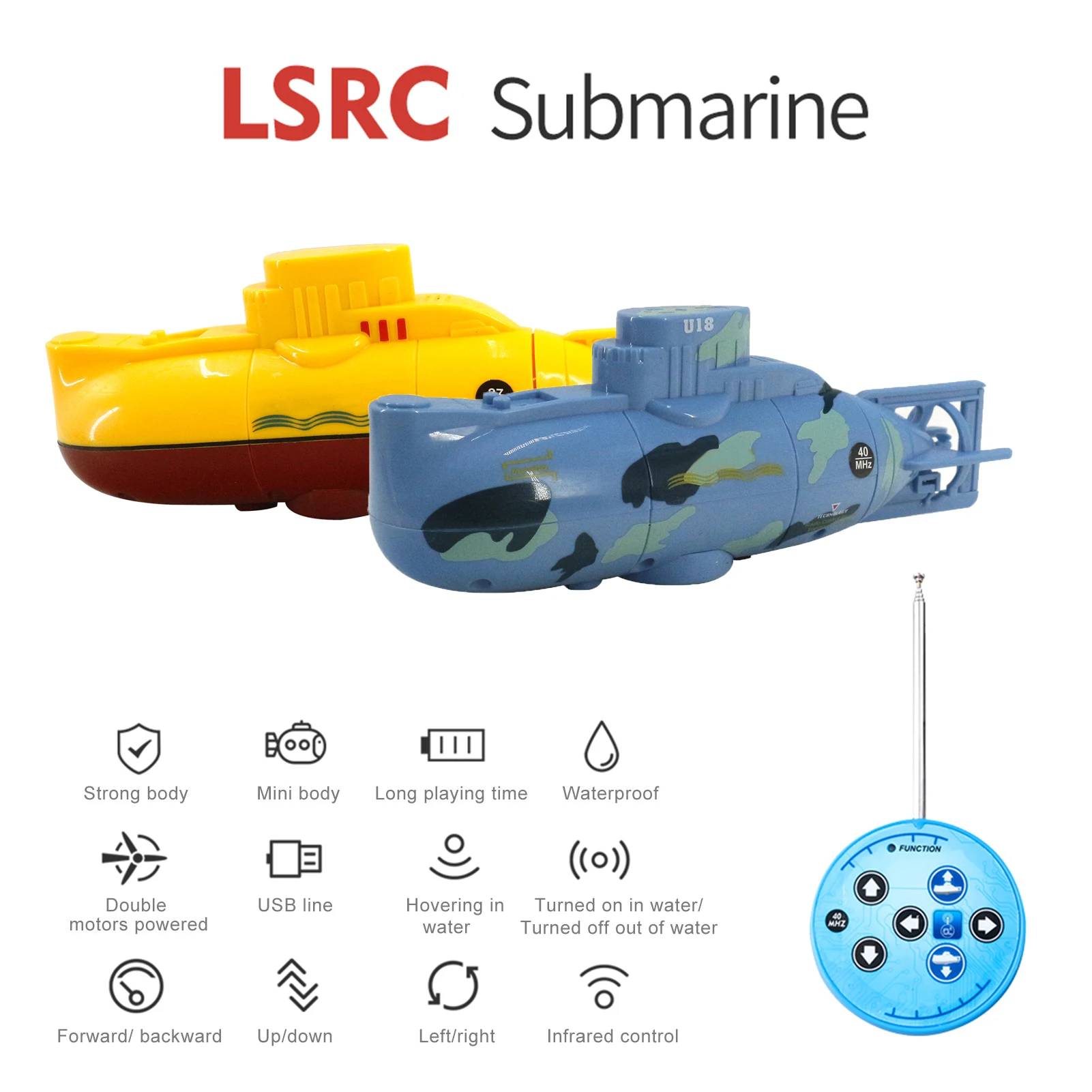 RC Submarine RC Boat 6CH Mini RC Submarine 0.1m/s Speed 3 motors Remote Control Boat 23Mins Playing Time Waterproof Diving Toy for Kids Children Gift